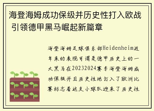 海登海姆成功保级并历史性打入欧战 引领德甲黑马崛起新篇章